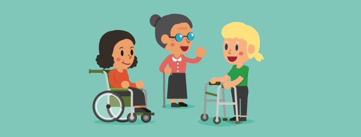 three women of different ages using mobility aids