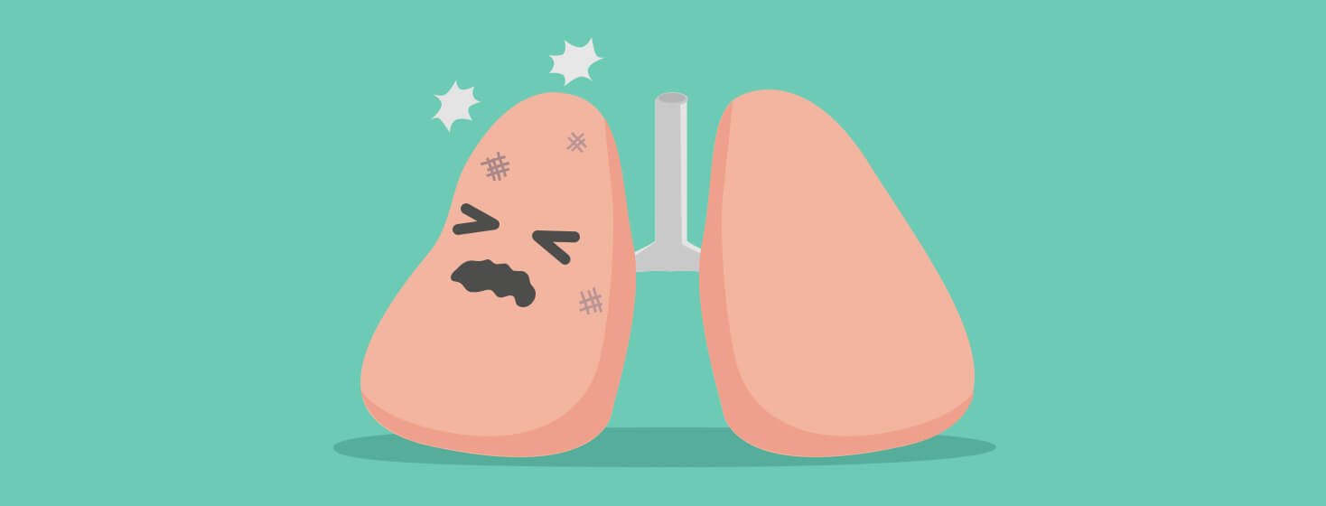 Pair of lungs. The lung to the left has grey spots and a coughing face.