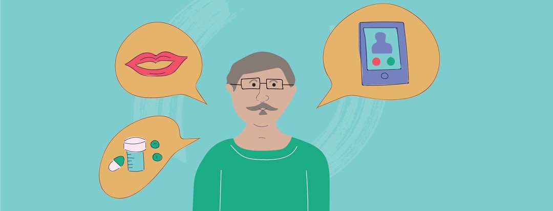 Older man with grey hair and a mustache surrounded by 3 thought bubbles. One is lips, one is a cell phone, and one is medications.