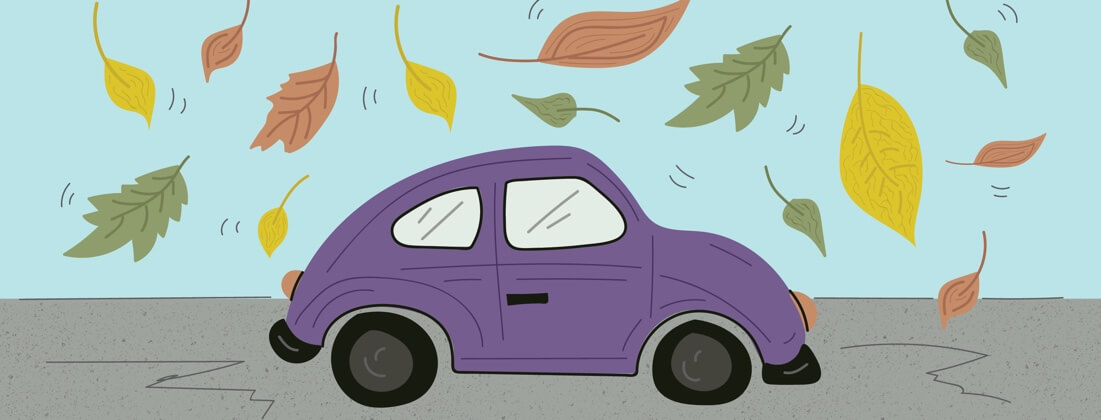 Purple car driving with fall leaves falling around it.