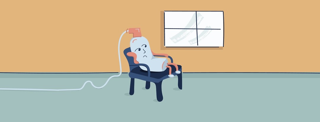 Illustrated oxygen tank sitting in a chair alone looking bored.