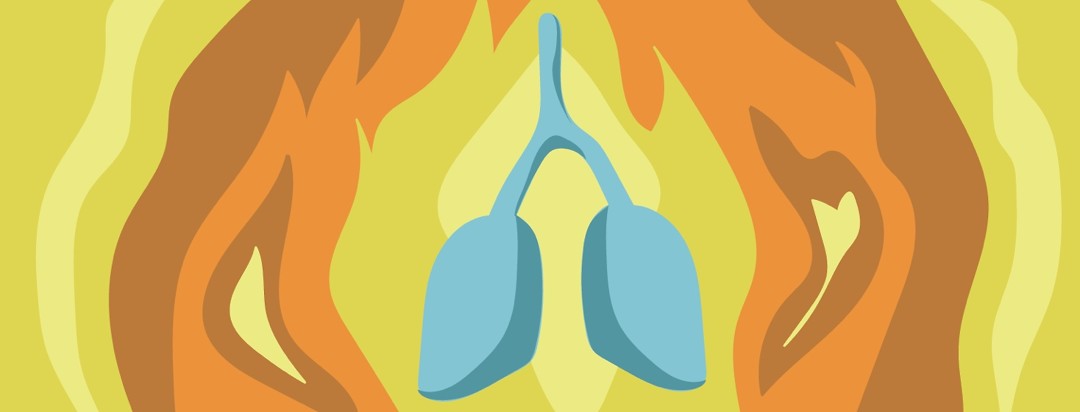 Lungs shown in blue with fire all around.