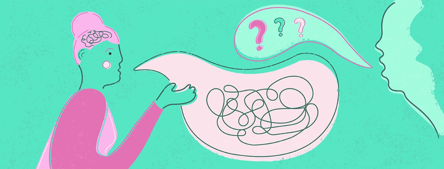 A woman talking to a concerned friend with a tangled up ball of scribbles in her head and in a speech bubble