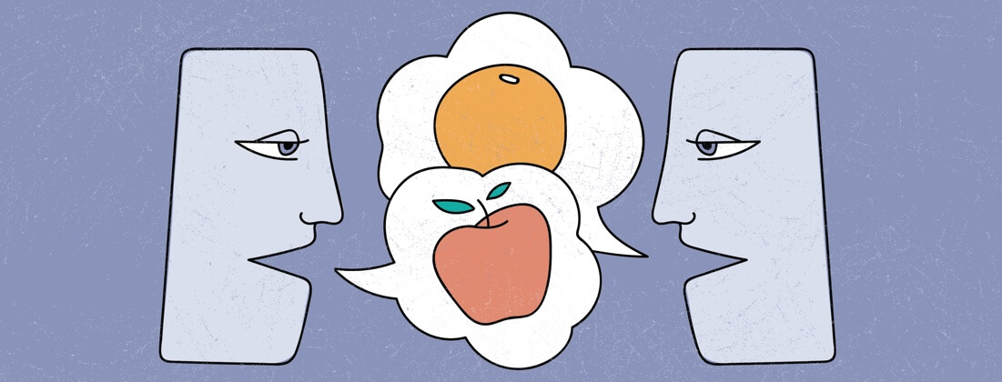 Two people talking, one speech bubble has an apple in it and the other has an orange