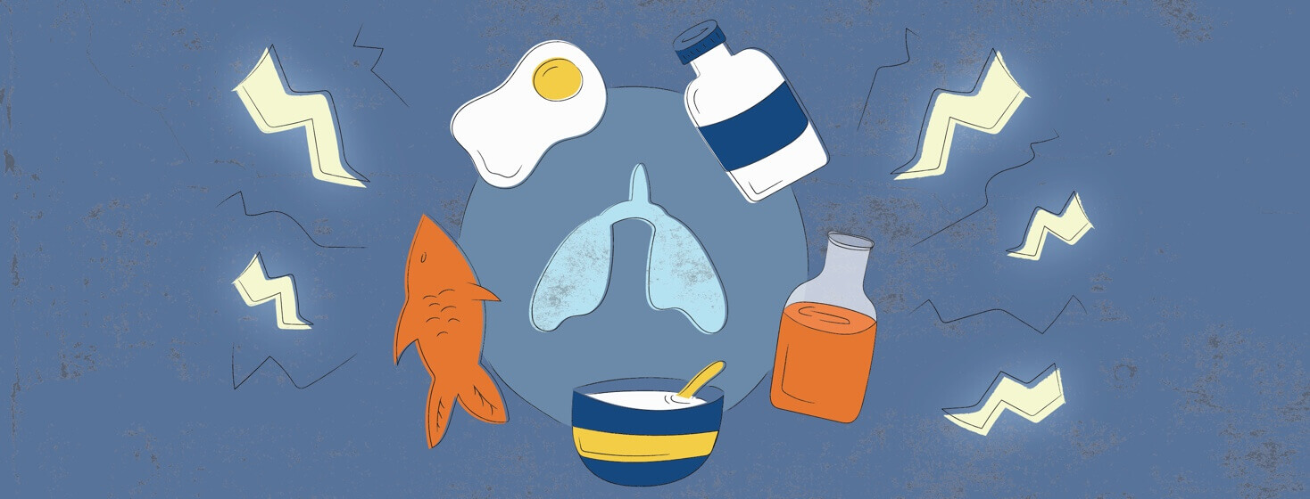 Lungs surrounded by vitamin D rich food protecting the lungs from an exacerbation