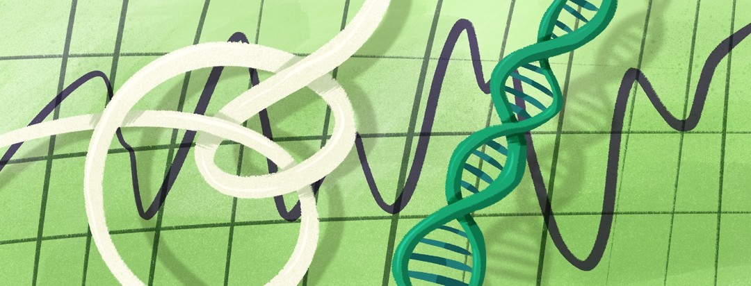 A DNA strand, vital signs, and other general medical motifs on a green background.