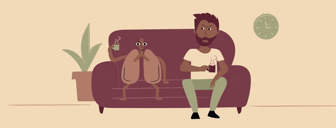 Man and lungs sitting on a couch drinking coffee, the man looking at the lungs with an annoyed look