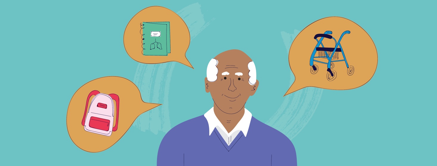A man surrounded by speech bubbles showing a journal, a backpack, and a rollator
