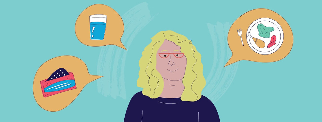 woman with speech bubbles around her one showing water, the other medication, and the last one a plate of food