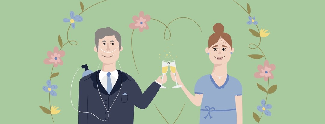 Man with an oxygen tank and his wife at a wedding clinking their champagne glasses