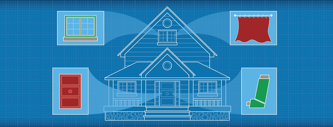 a blueprint of a house with a door, a window, a shower curtain, and an inhaler