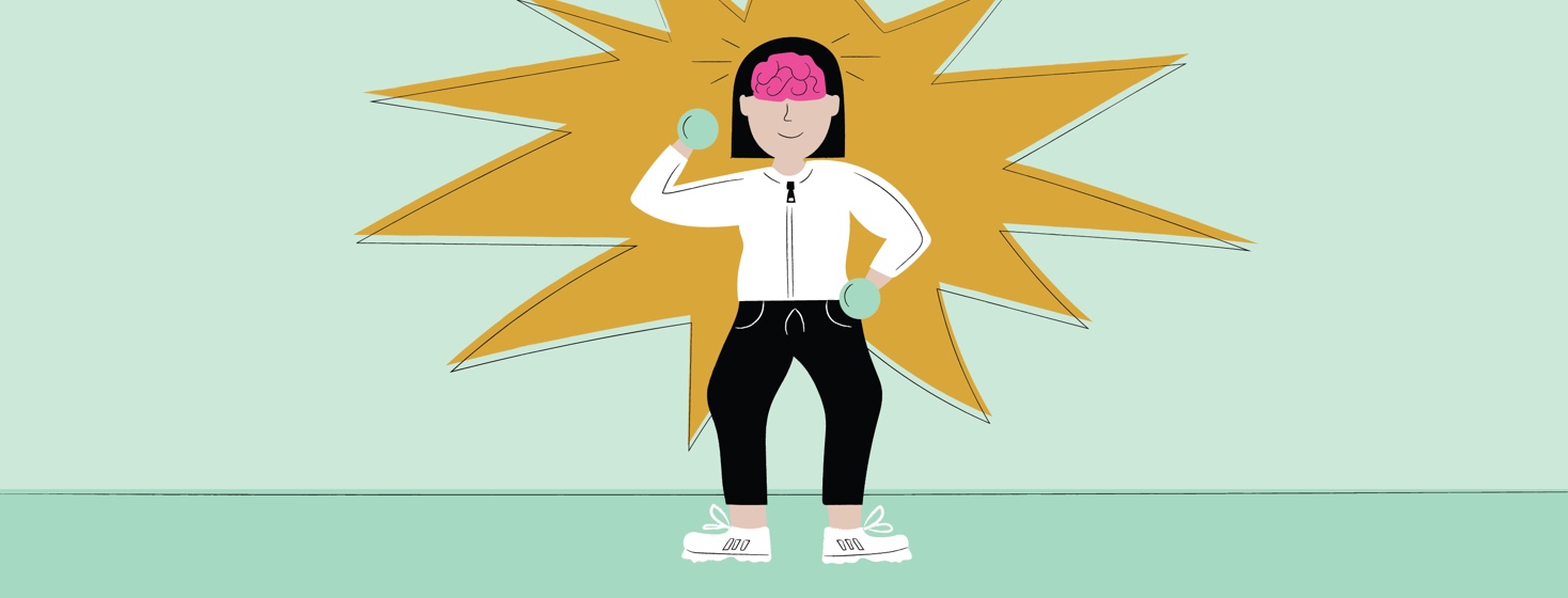 a woman lifting weights with a happy brain