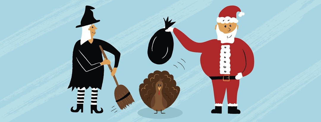 a small turkey in between a with with a broom and Santa with his bag