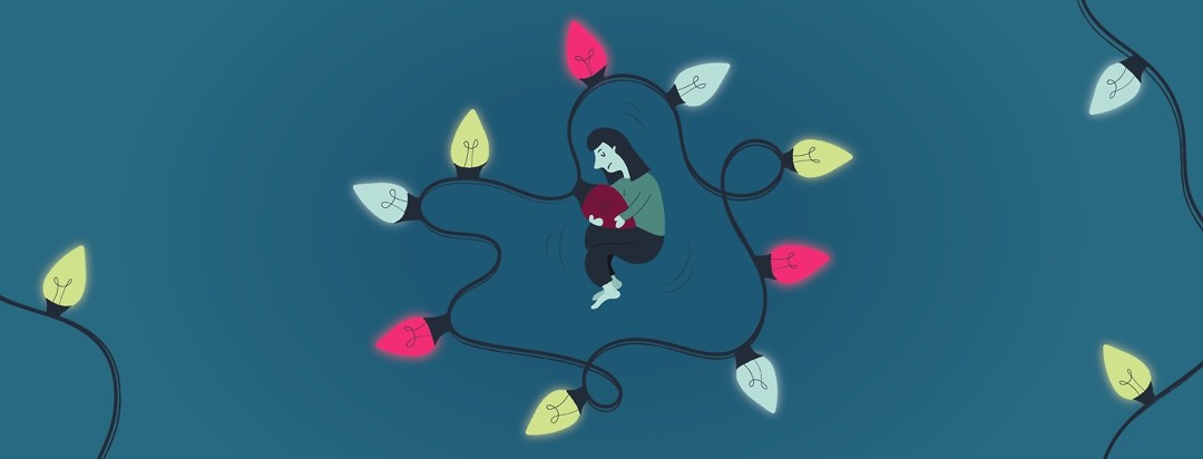 a sad woman curled up around a burnt out Christmas light bulb surrounded by brightly lit light bulbs
