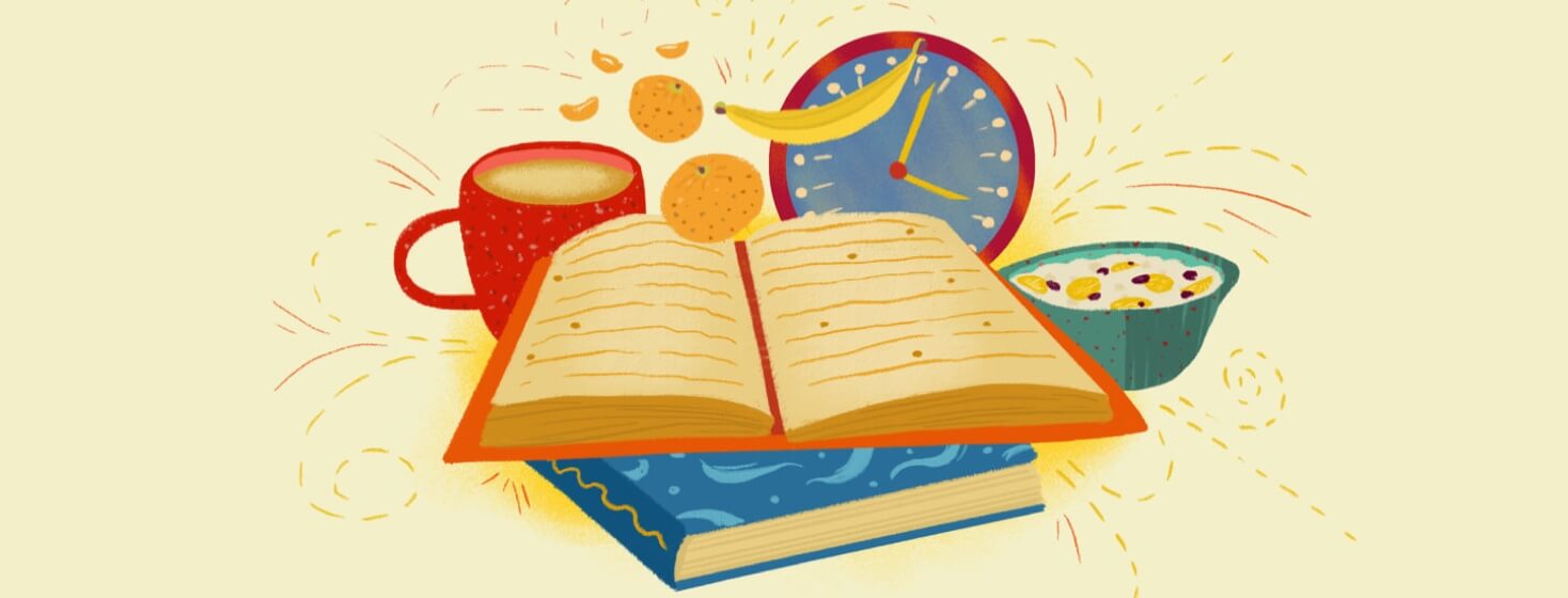 two books, bowl of oatmeal, cup of coffee, a clock, oranges, and a banana