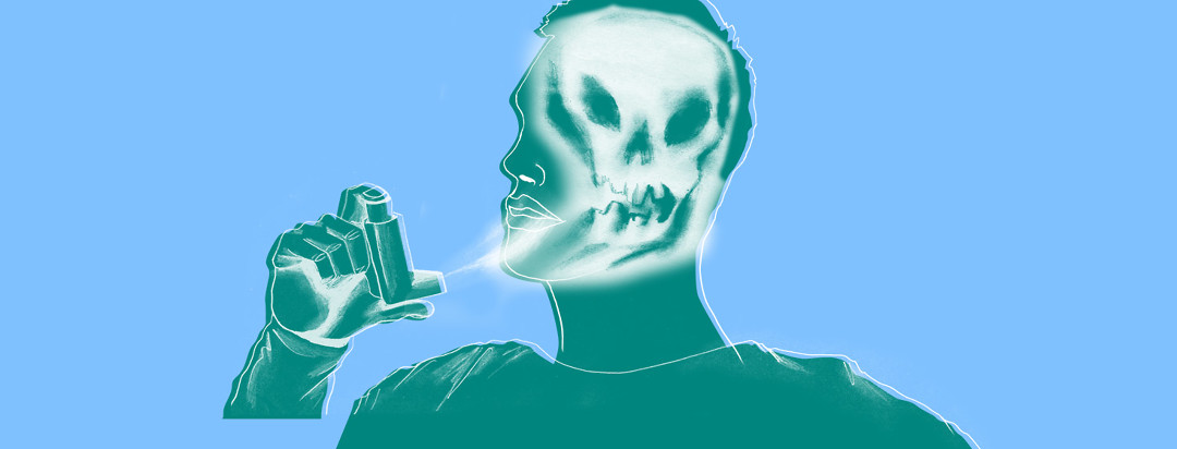 a man inhaling a smoky skull being sprayed from an inhaler