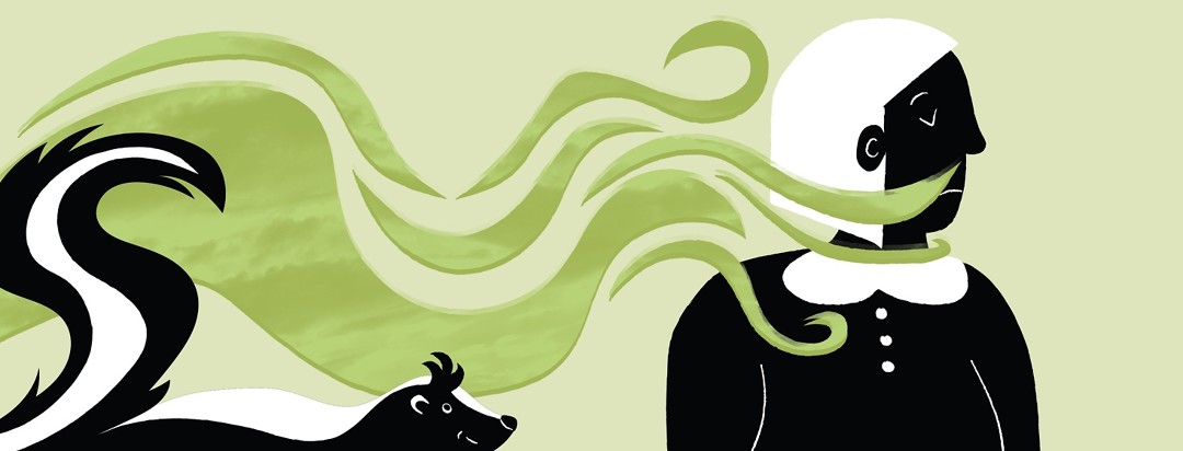 a skunk spraying a woman and the fumes wrapping around her neck and entering her nose