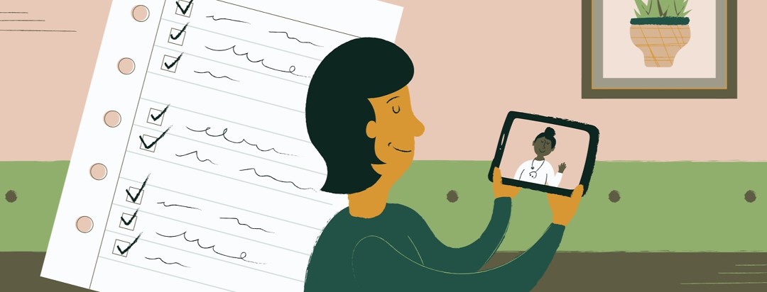 A woman on a virtual doctor's visit, and a checklist next to her