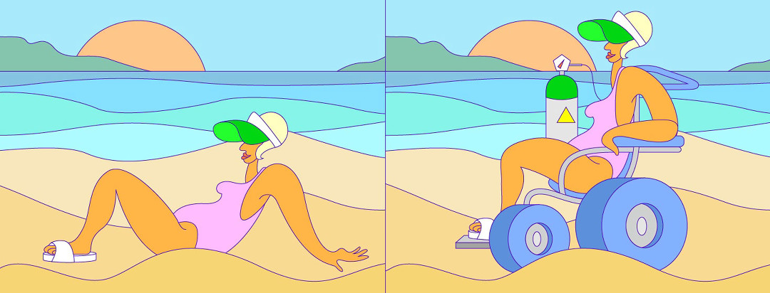 in one frame a woman sits on the beach, while in the next Fram the same woman is on the same beach sunning herself but in a wheelchair