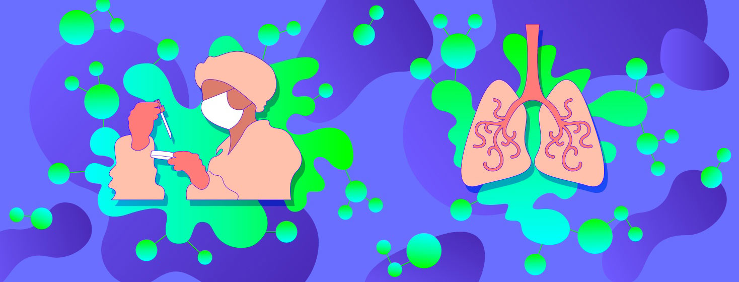 A brightly colored and amorphous background that has cells multiplying off the shapes and on top is a scientist with Petri dish also a pair of healthy lungs