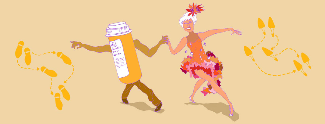 A woman in a ball-room-dancing-gown is doing the cha-cha-dance with an anthropomorphic bottle of pills