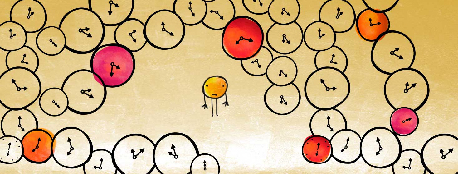 a small illustrated circle character is surrounded by lots of circular clocks