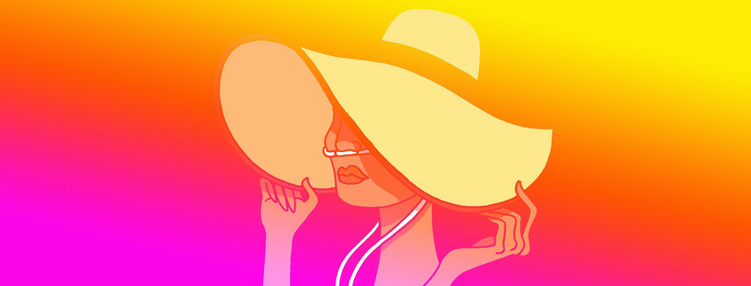 a woman in a large straw hat has oxygen tubes and a bright summery gradient in the background