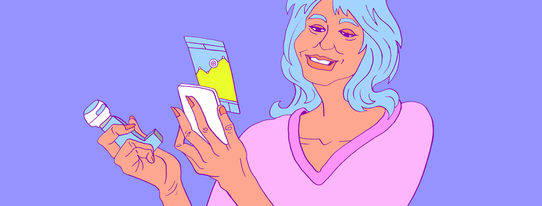 a woman uses a digital inhaler and checks her phone for charts of her usage