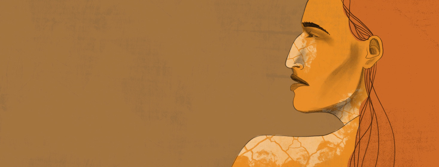 a woman has a dry, crackle texture like the desert floor taking over her nose and shoulders