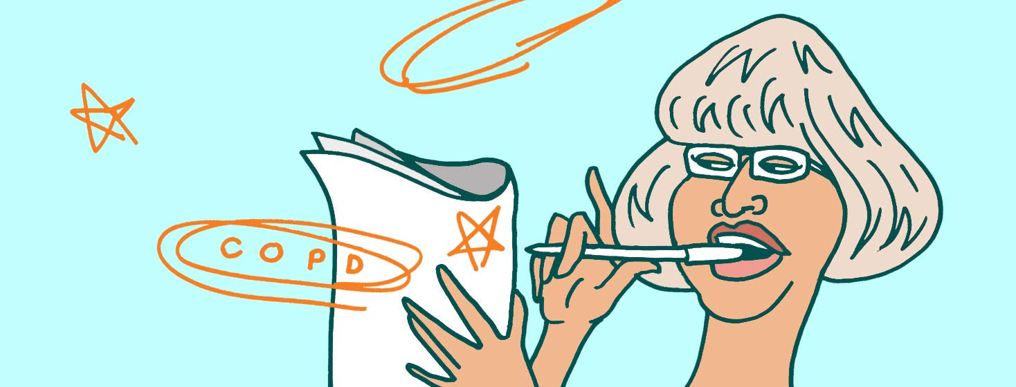 a woman with a pen in her mouth squints through her glasses at a word search