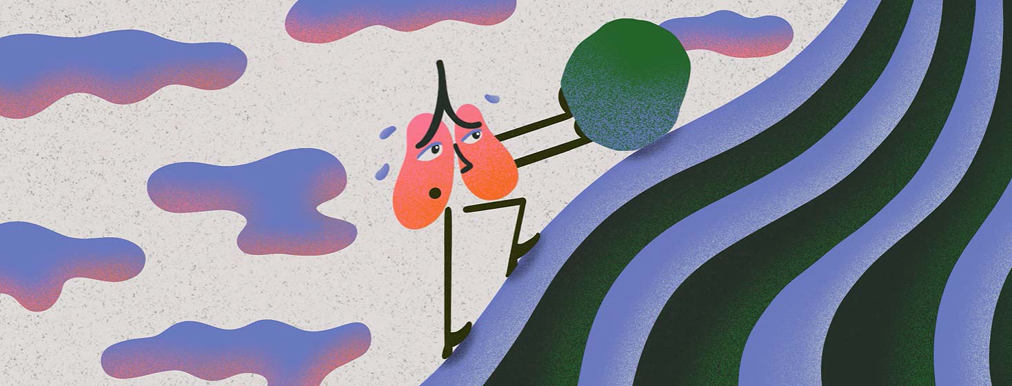 A pair of lungs struggles to push a boulder uphill.