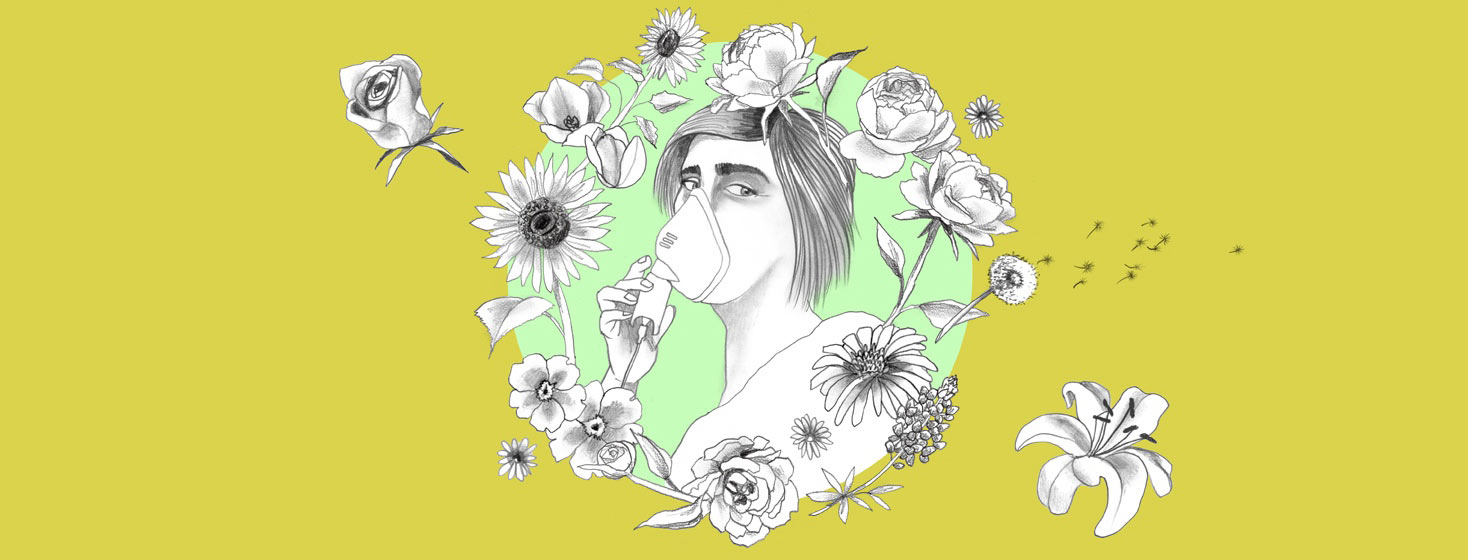 a woman with a nebulizer is surrounded by a wreath of spring flowers
