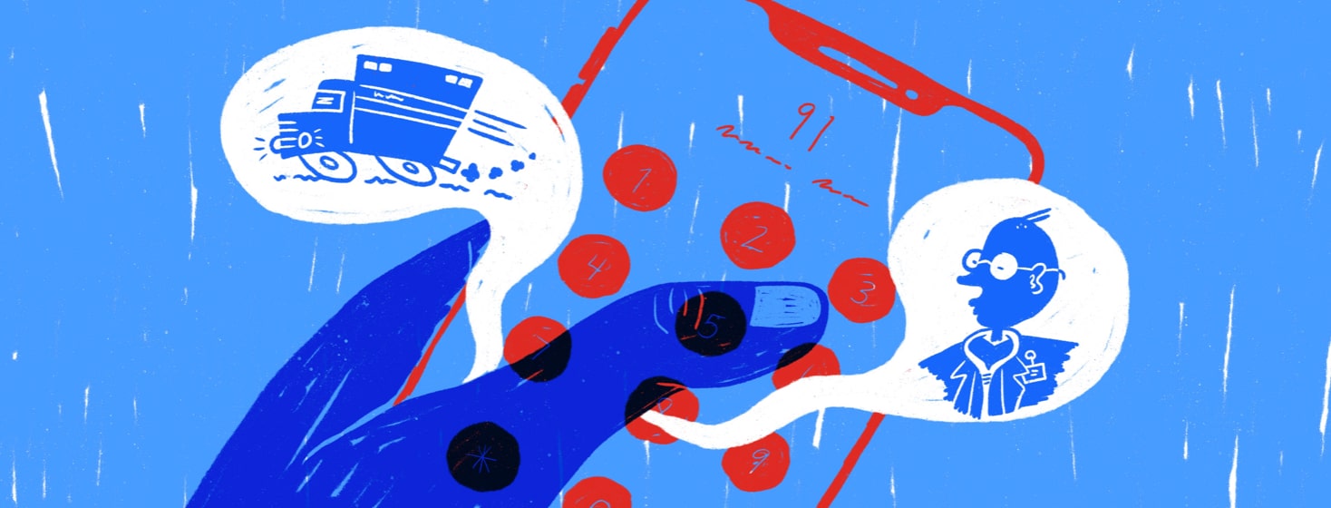 Person holding a phone with 2 bubbles floating out; one with a doctor's profile and one with an ambulance.