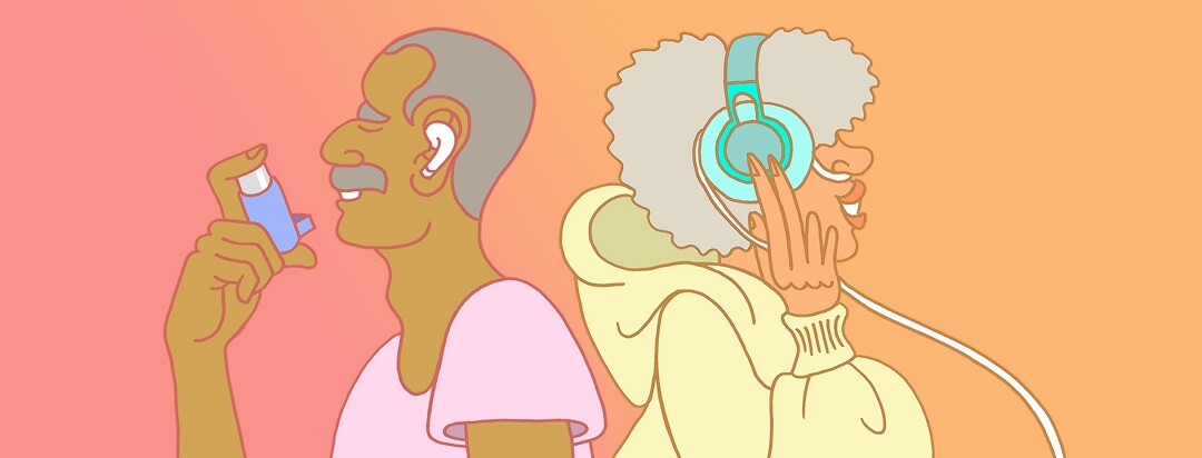 two people with COPD, with headphones on smiling listening to music