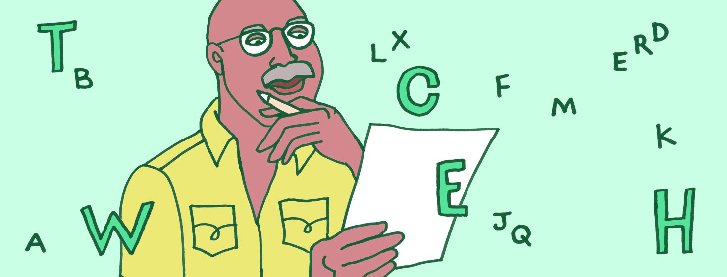 a man is surrounded by a cloud of alphabet letters