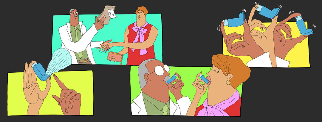 a pharmacist walk his client through 4 steps of how to use an inhaler
