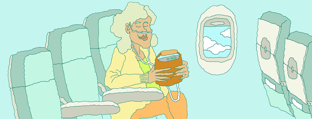 woman on a plane carrying her portable oxygen