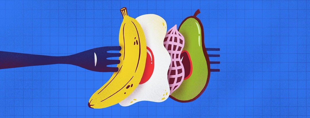 Banana, egg, peanut, and avocado on a fork