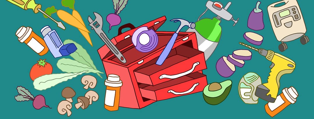 a tool box spilling out with tools, and vegetables, and inhalers, and medications