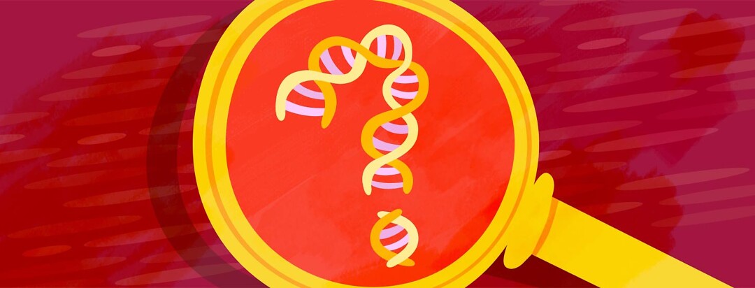 Strand of DNA under a magnifying glass and shaped like a question mark