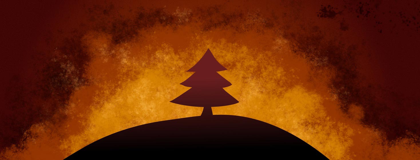 Silhouette of a tree on a hill surrounded by flames, fire, wildfire