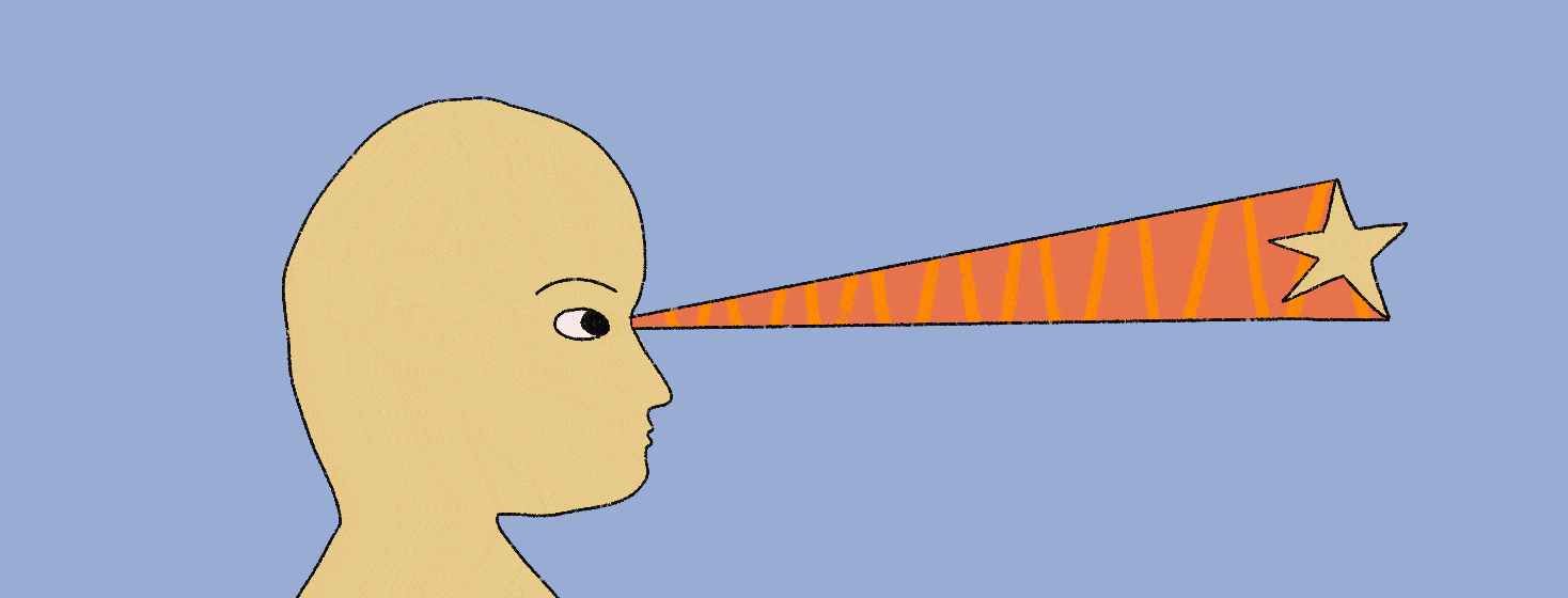 A person's head in profile view, focused on an objective (represented by a star) ahead. A squirrel pops up on their head and breaks their concentration.