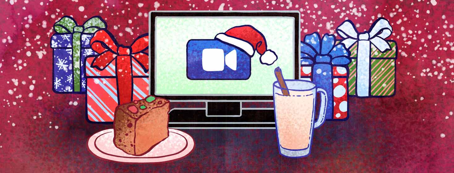 A fruitcake, cup of eggnog, and a variety of presents surround a computer screen with a video chat icon.