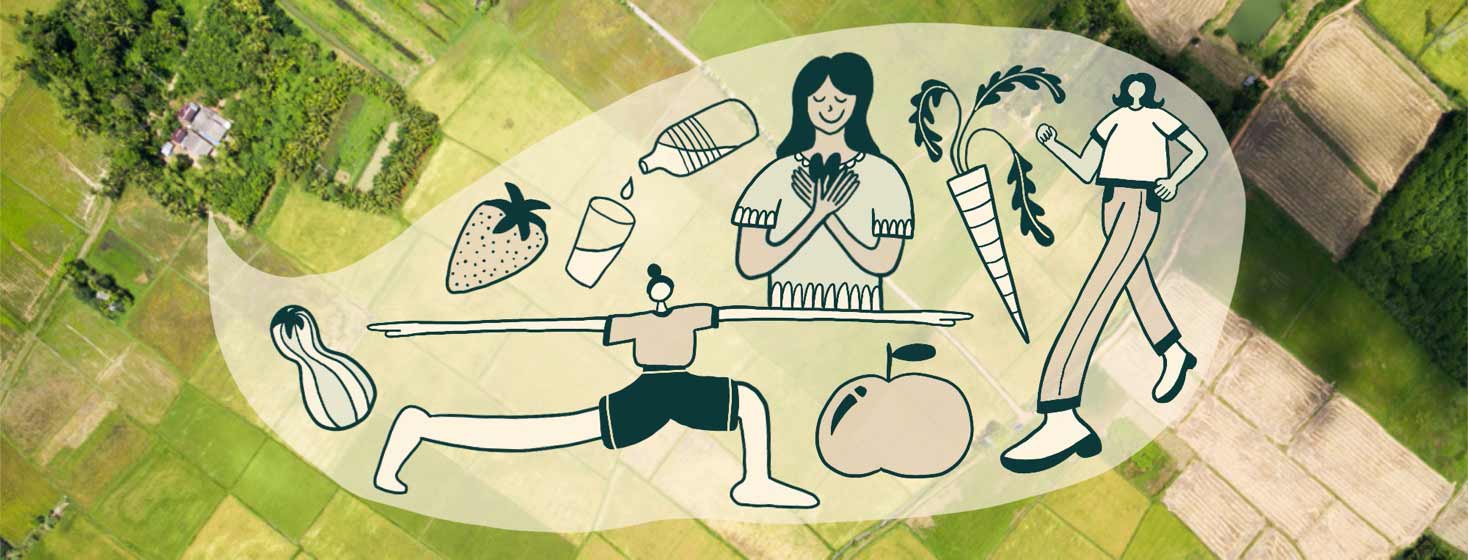 A speech bubble emerges from a rural home, including illustrations of people doing yoga, hiking and being grateful alongside fruits, vegetables and a drinking glass of water.