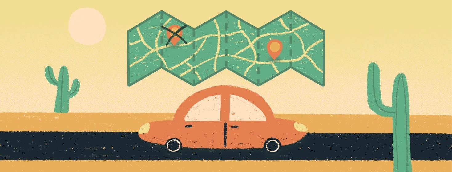 A car driving through the desert with a paper map hovering above. On the map, one pin has been crossed off and a new pin has been dropped.