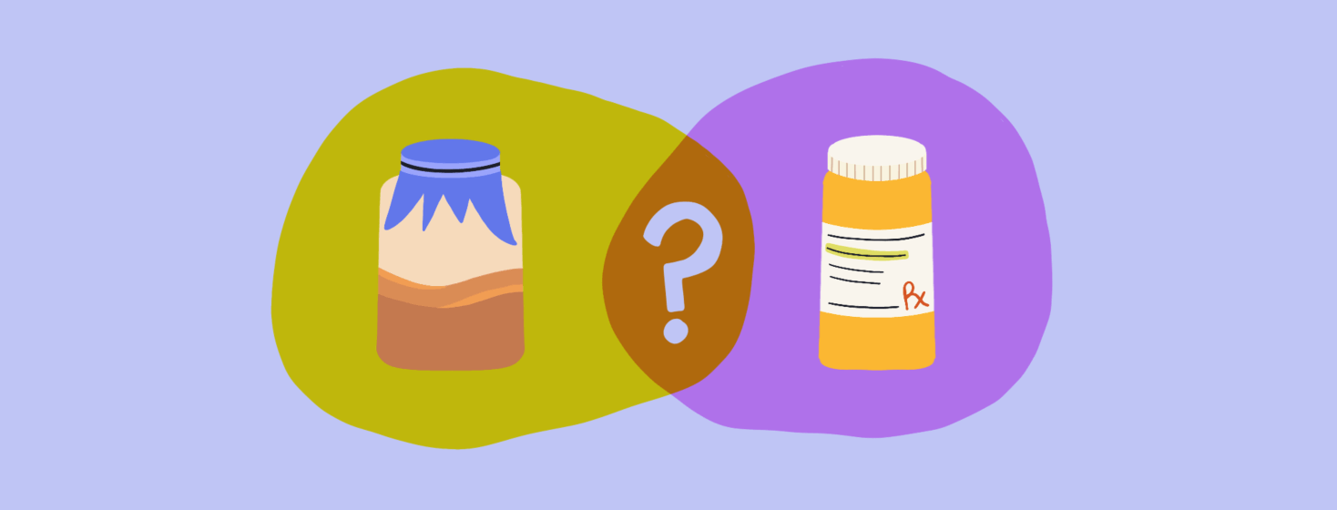 A venn diagram with jar of homemade kombucha on the left and a pill bottle on the right. A question mark is in the middle.