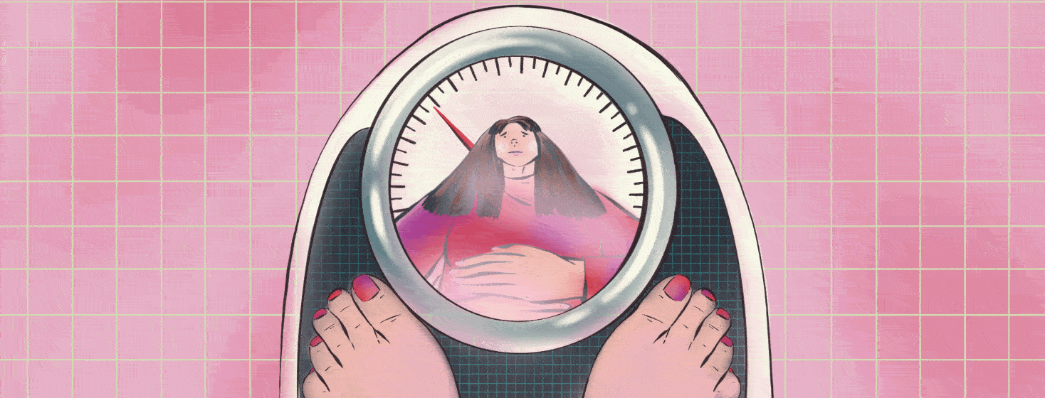 A woman's reflection is shown in the glass over a dial that is tick tocking on a scale.