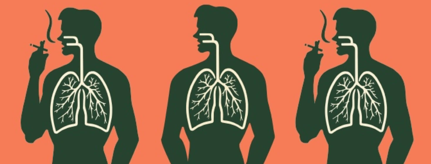 Three adult male silhouettes. Two smoking. Lungs showing on all.