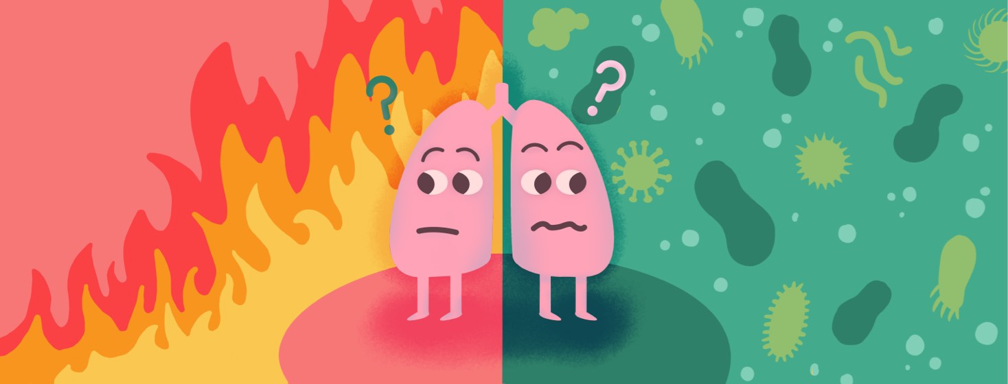 Confused lungs with question marks against a split background of flames and virus cells.