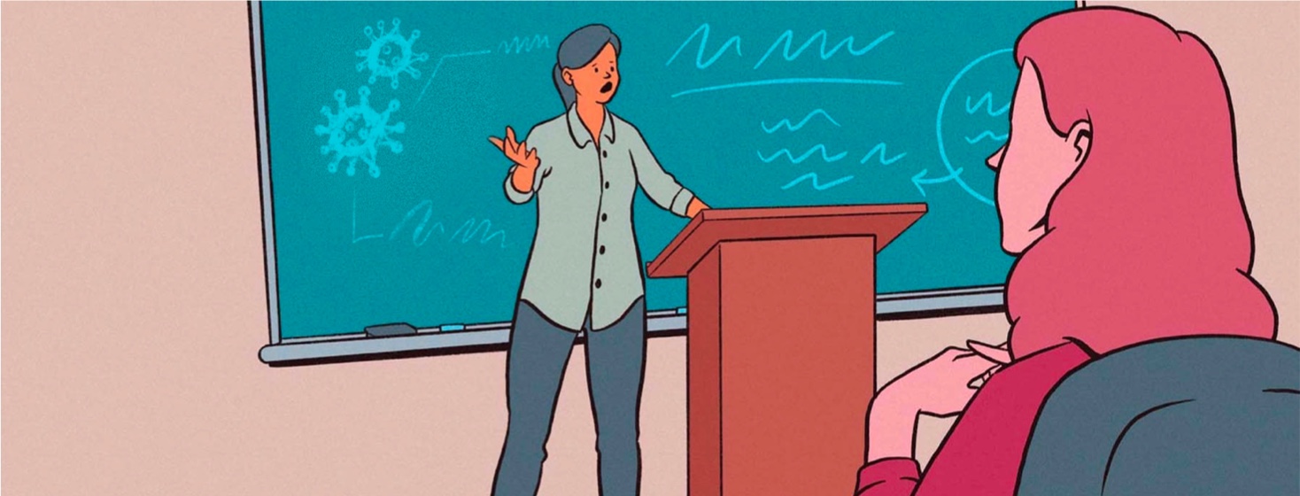A female college student explains her chronic illness to a listening professor in a classroom.
